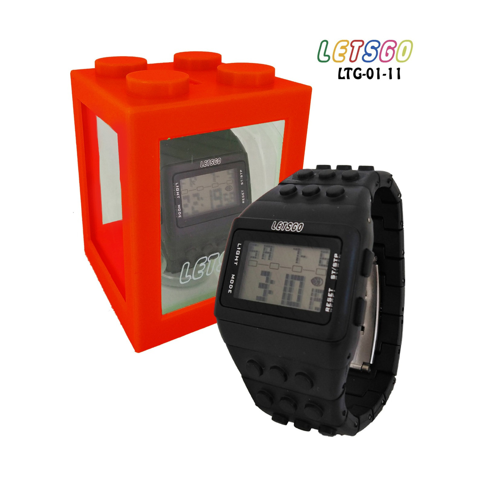 RELOJ NEGRO TIPO LEGO ESTUCHE Med